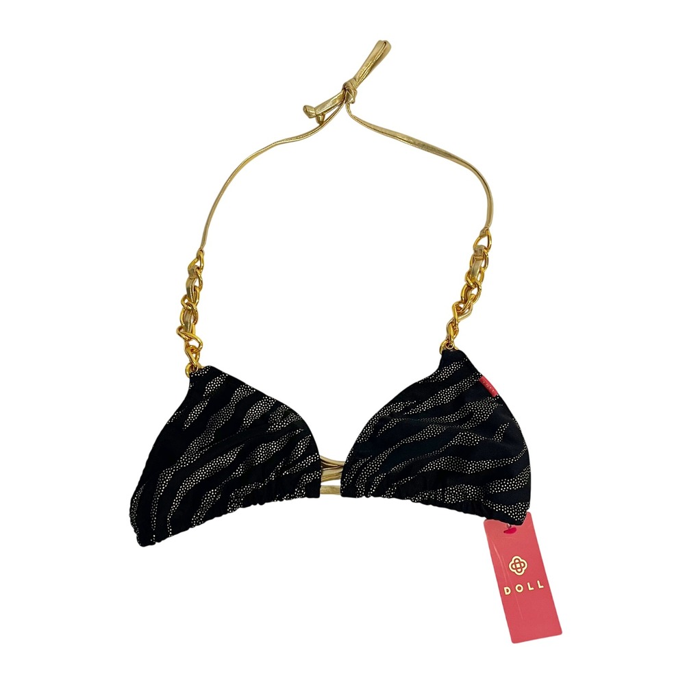 NEW Doll Swimwear Zebra Bikini Top Black Gold Chain Halter Triangle Size Medium